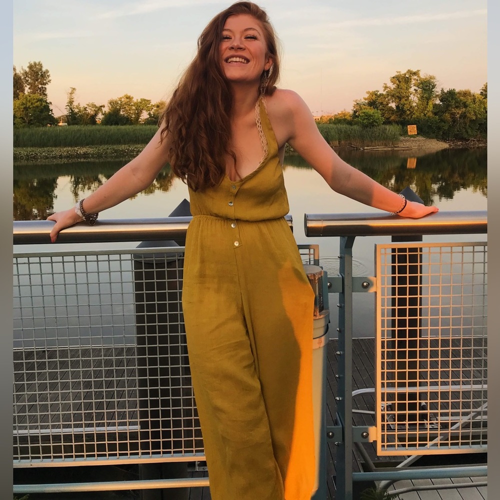 Yellow Gold Halter Tie Jumpsuit Romper Low Back Buttondown Textured